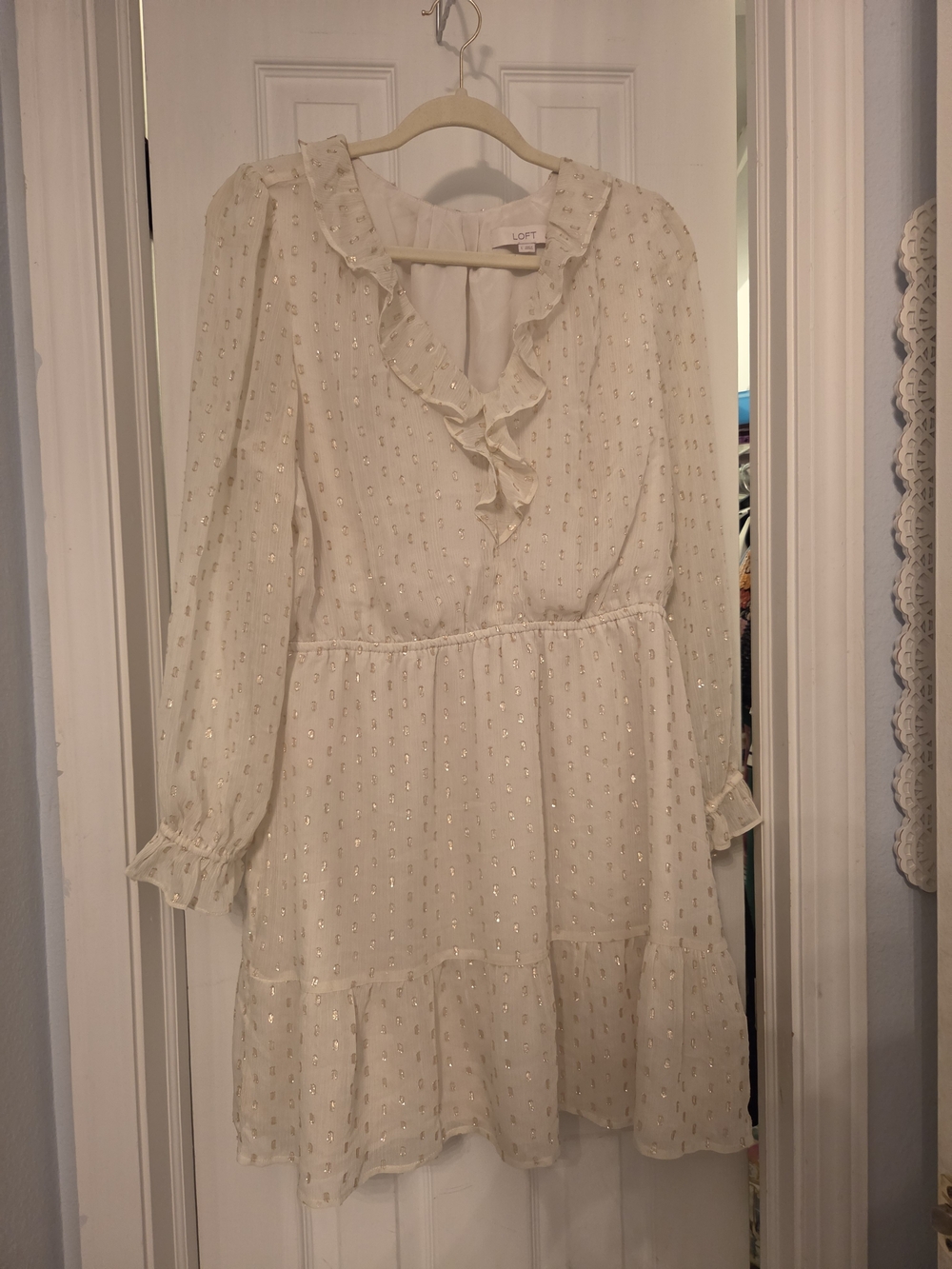 LOFT Cream Dress with Gold Dot Ruffle Detail